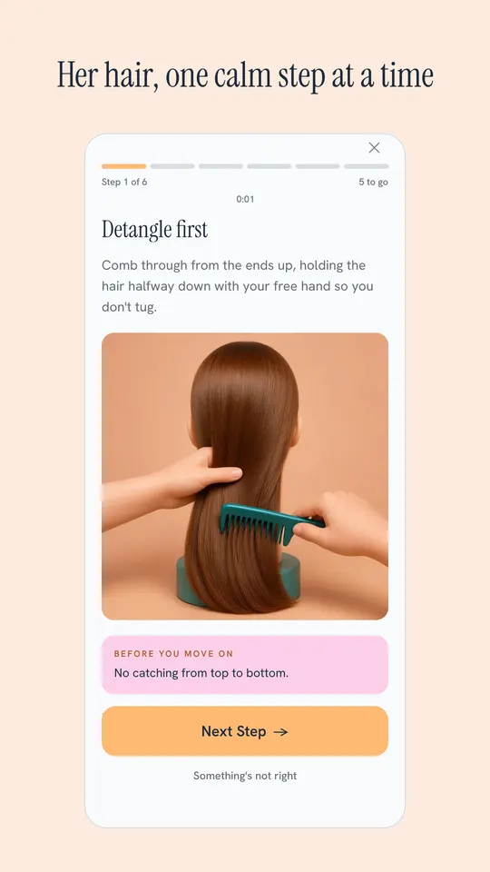 Dad Hair Hero on a phone: step 1 of 6, Detangle first, with a picture of hair being combed from the ends up and the check “No catching from top to bottom”.