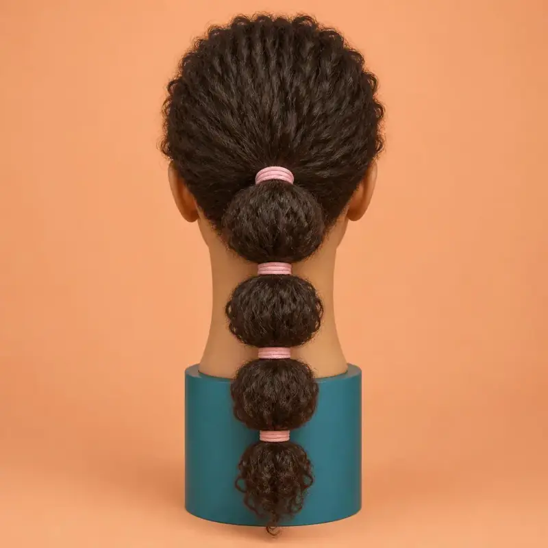 Bubble Ponytail, the finished style on curly hair