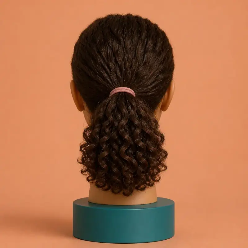 Classic Ponytail, the finished style on curly hair