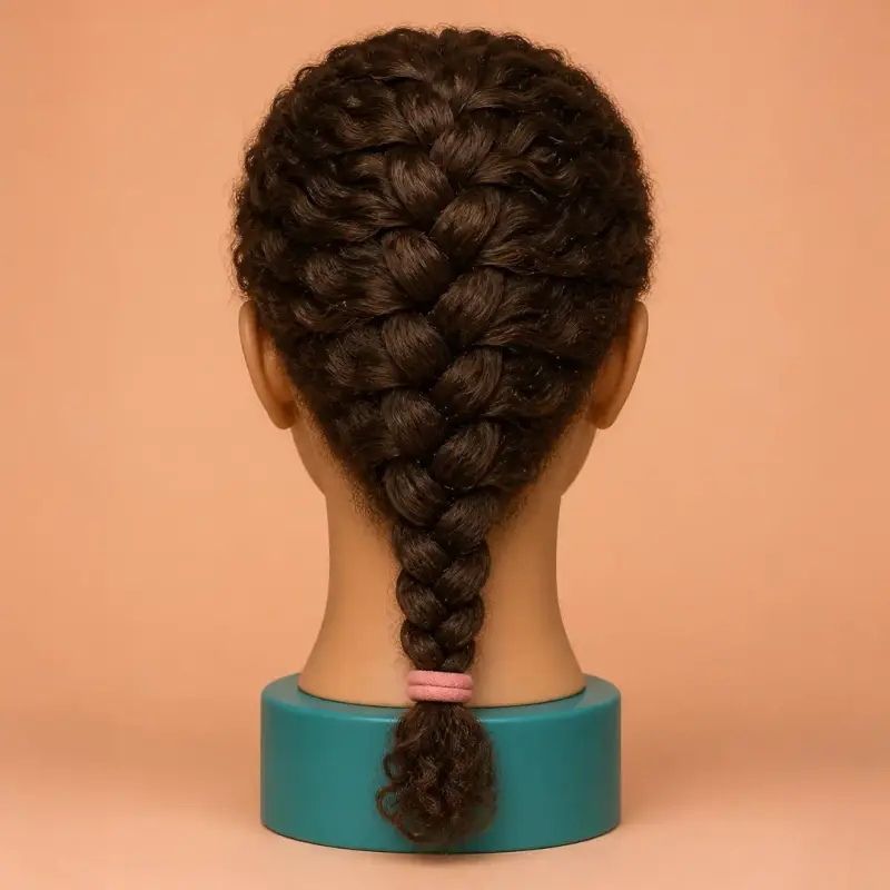 French Plait, the finished style on curly hair