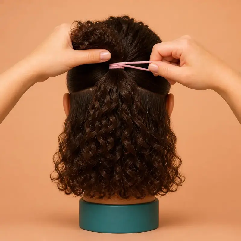 Half-Up, Half-Down, step 5, curly hair: secure at the very top of her head