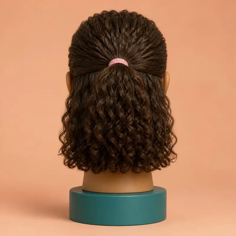 Half-Up, Half-Down, the finished style on curly hair