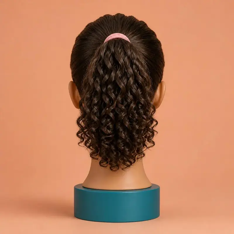 High Ponytail, the finished style on curly hair