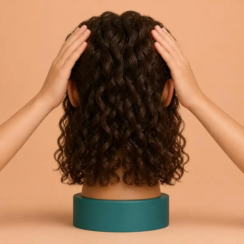High Ponytail, step 2, curly hair: gather upward to the very top of her head