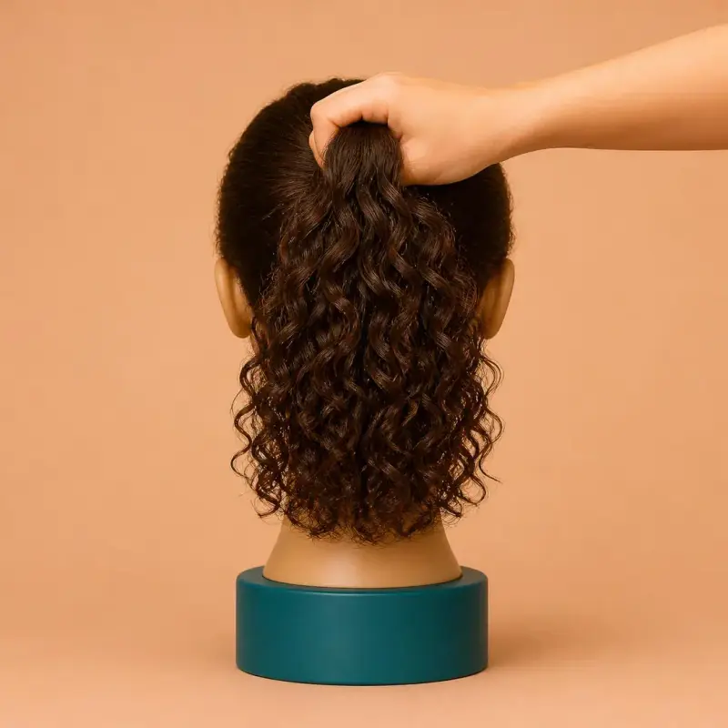 High Ponytail, step 3, curly hair: check the position