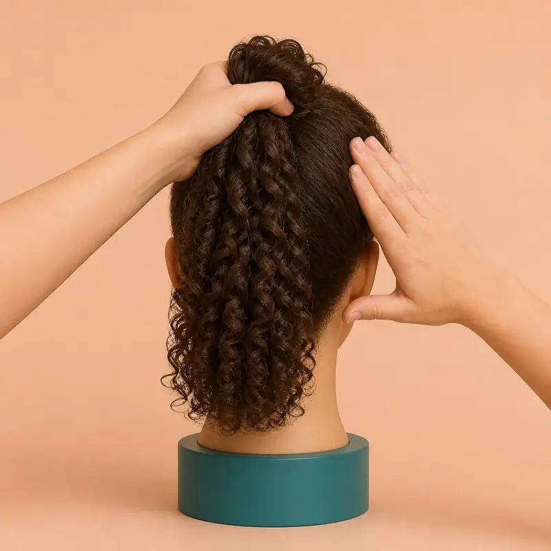 High Ponytail, step 4, curly hair: smooth the surface