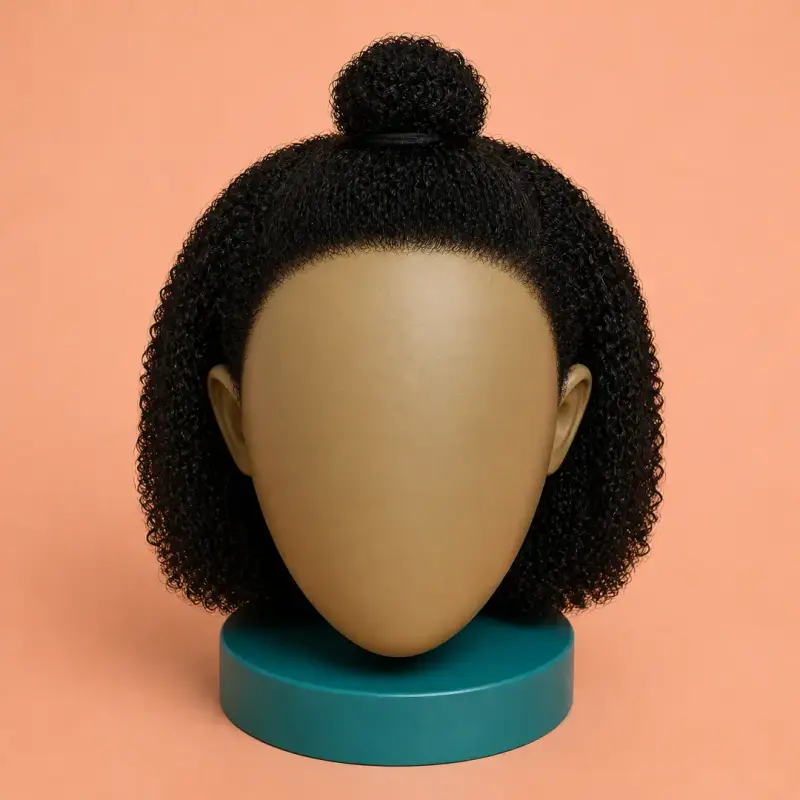 Mini Top Knot, the finished style, curly hair: back view