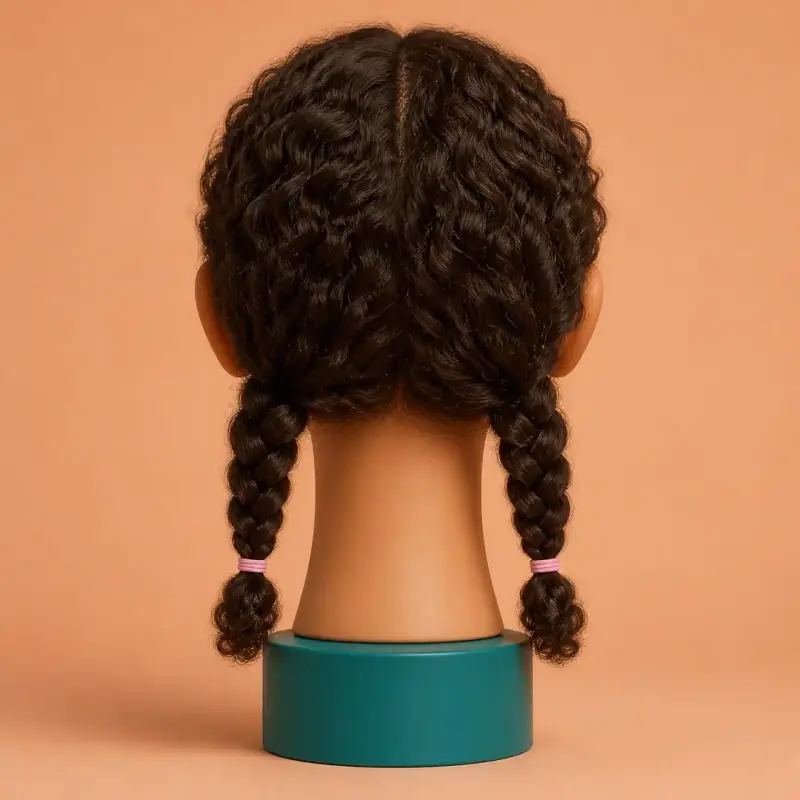 Plaited Pigtails, the finished style on curly hair