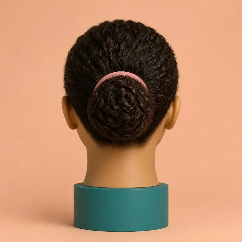 Sports Bun, the finished style on curly hair