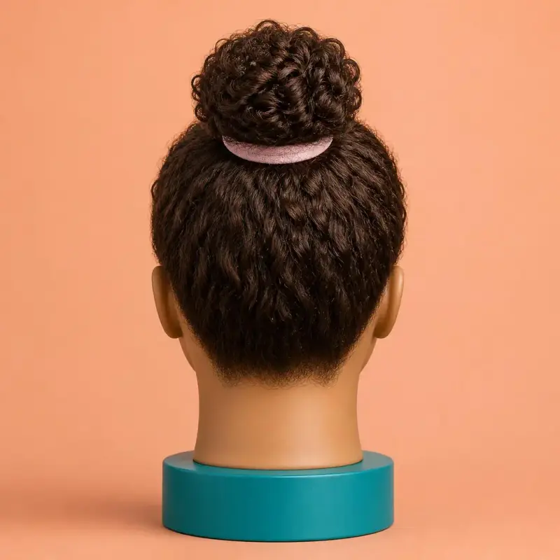 Top Knot, the finished style on curly hair