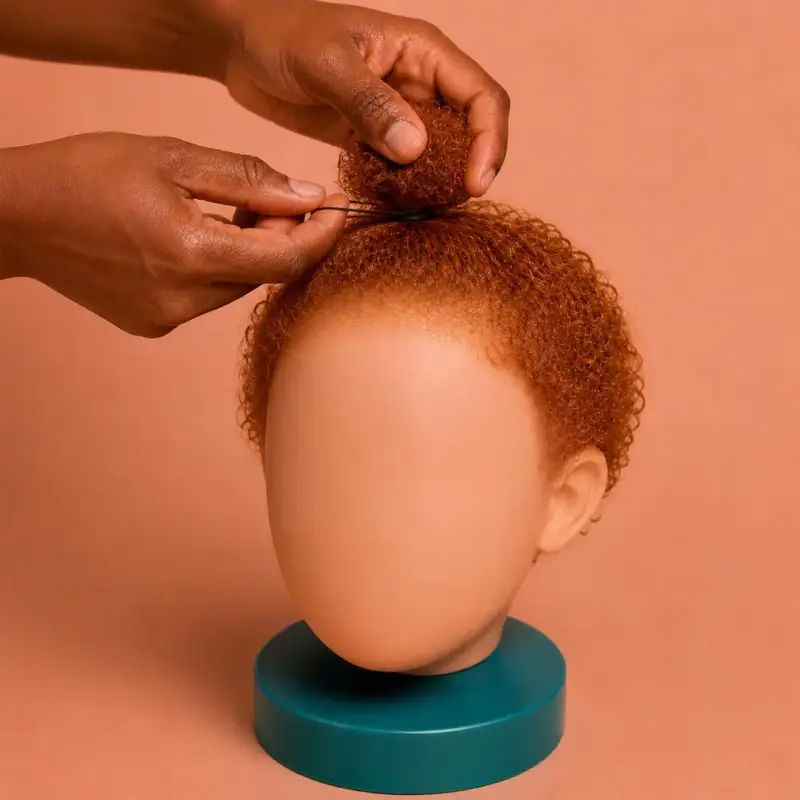 Top Sprout, step 3, curly hair: wrap the elastic