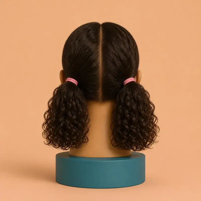 Two Even Bunches, the finished style on curly hair