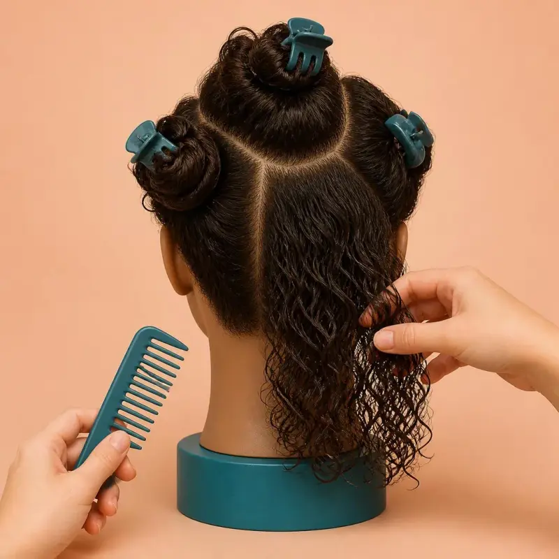Detangling curly and coily hair, shown on a model head